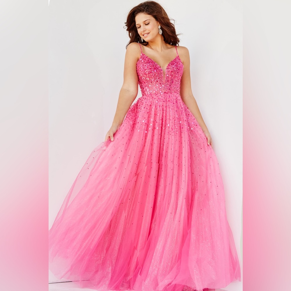NWT Jovani Fuchsia Spaghetti Straps Embellished Ballgown 08408 Size 14